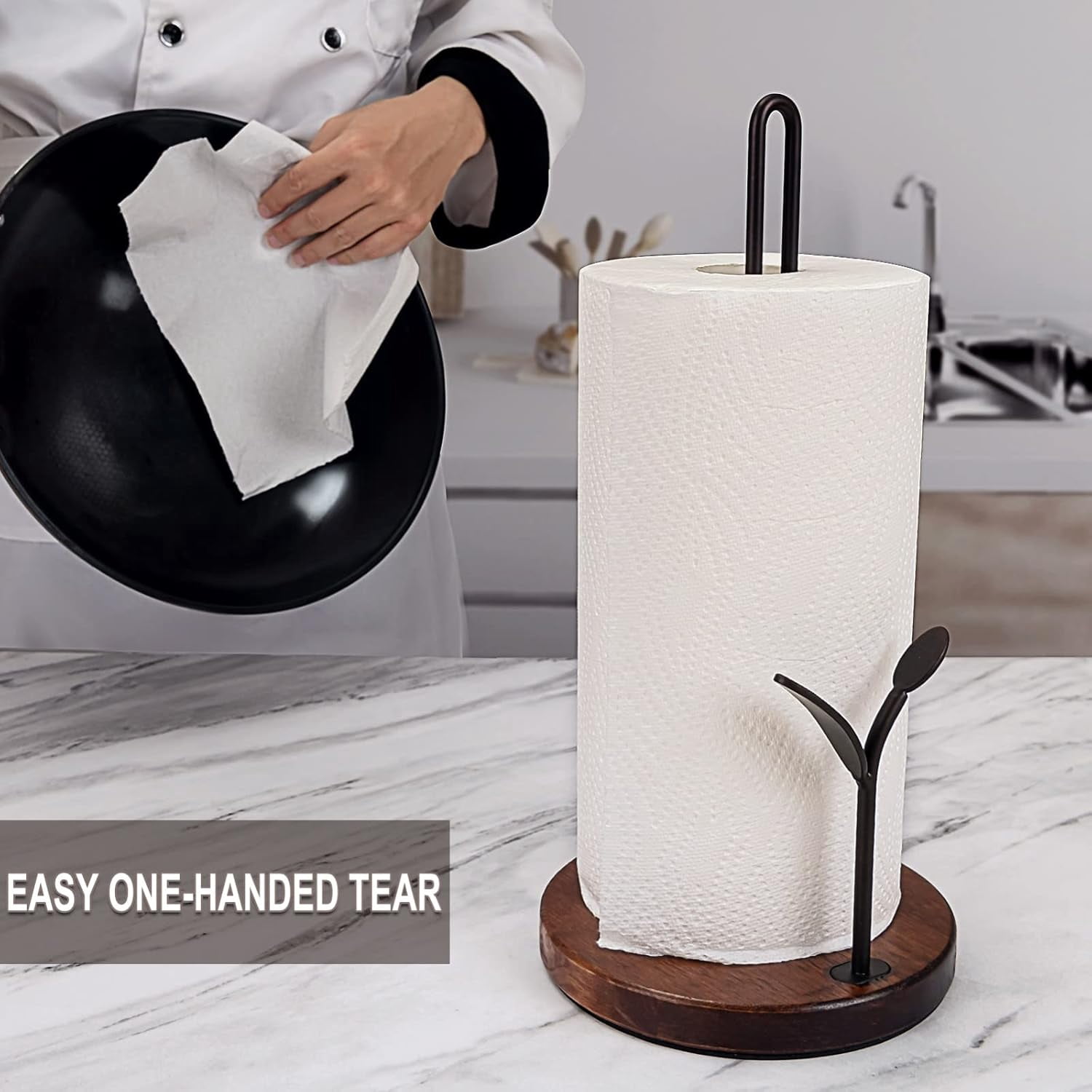 Paper Towel Holder Countertop, Wood Paper Towel Holder Stand, Easy One-Handed Tear Rustic Paper Roll Holder for Kitchen Dining Table Home Decor, High Model Easy to Install
