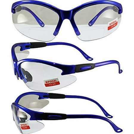 Global Vision Cougar Bifocal Safety Glasses Blue Frame Clear 2.0x Magnification Lens ANSI