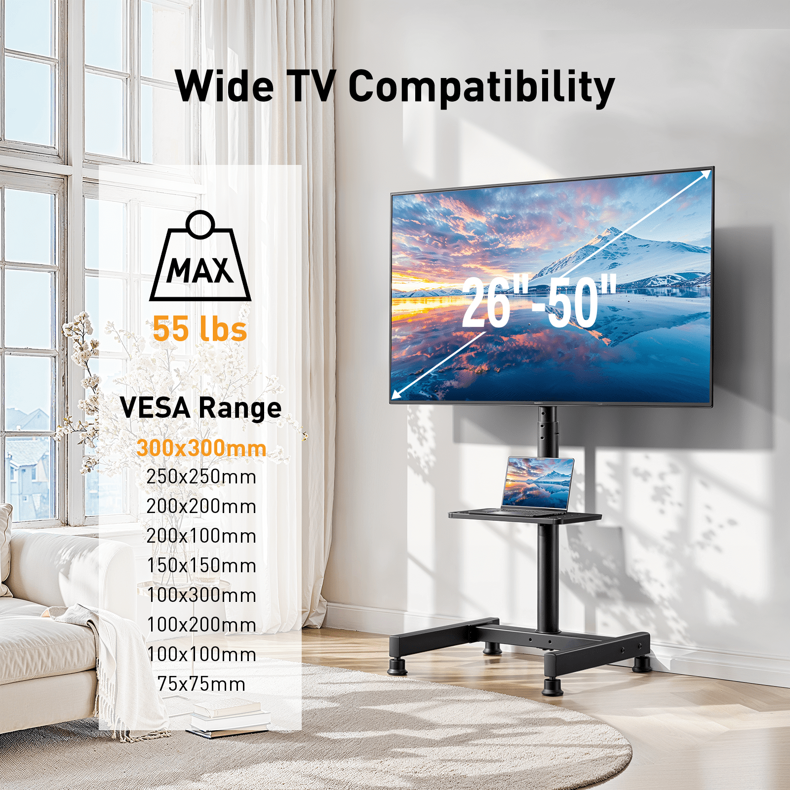 MountFTV Floor TV Stand for 26-50 inch Flat Screen or Curved, TVs Monitors Display Trolley Loading 55 lbs, Max 300x300mm