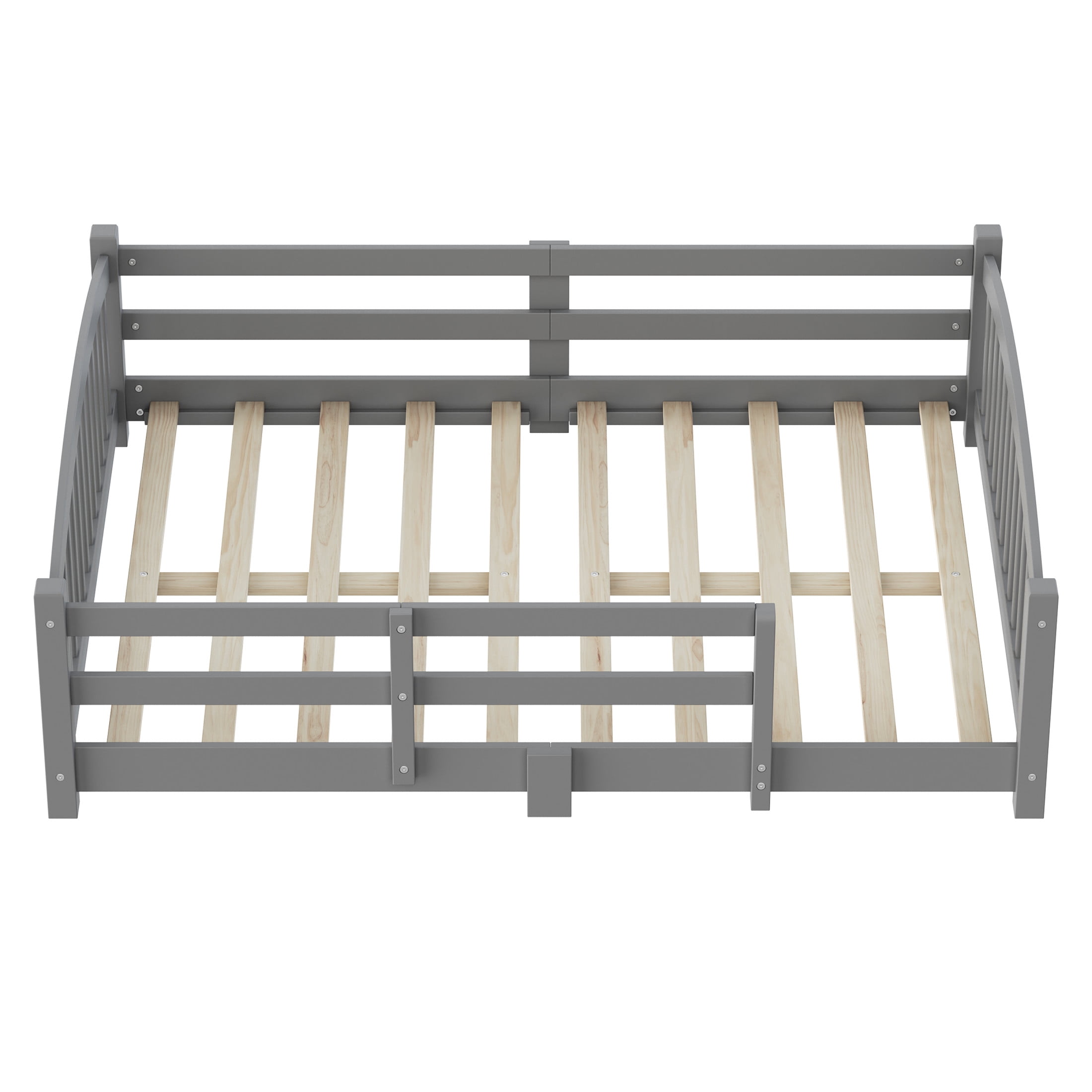 Noble House Full Floor Bed with Slats, Safety Guardrails, Solid Wood Frame, Gray
