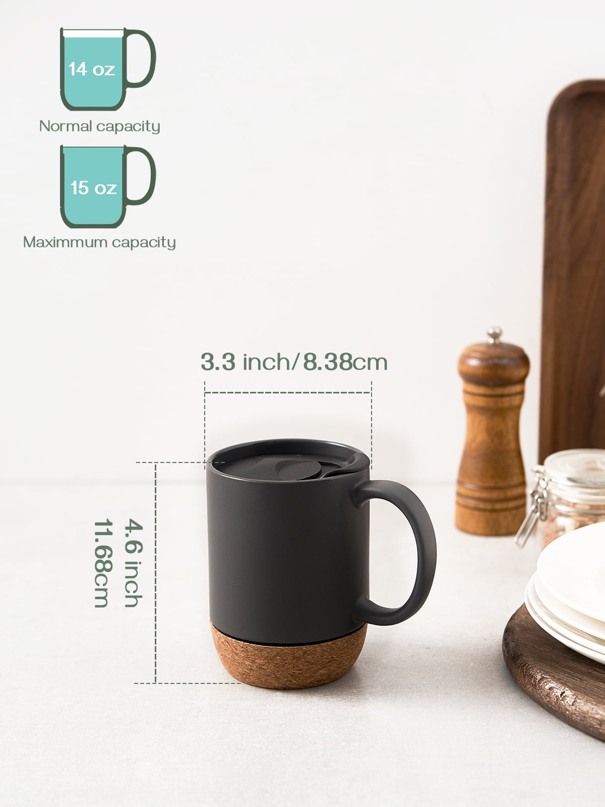 Aoibox 15 oz. Large Ceramic Coffee Mug with Cork Bottom and Spill Proof Lid,  Set of 2, Matte Black SNPH002IN395 - The Home Depot
