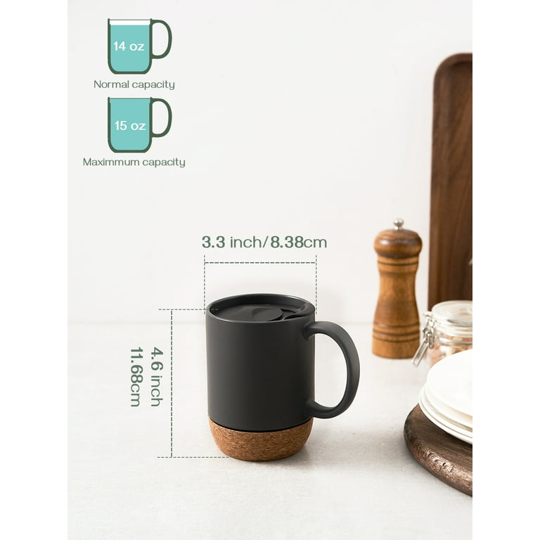 DOWAN Coffee Mugs, 15 oz Ceramic Mugs with Insulated Cork Bottom and Splash  Proof Lid Beige, Set of 2