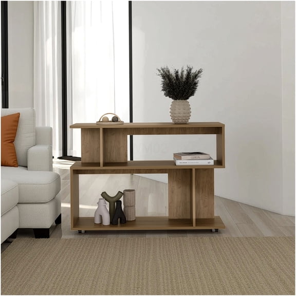 Modern Oak Side Table with Open Storage Shelves, Asymmetrical Sofa Table for Living Room, Entryway Accent Table with Top Shelf