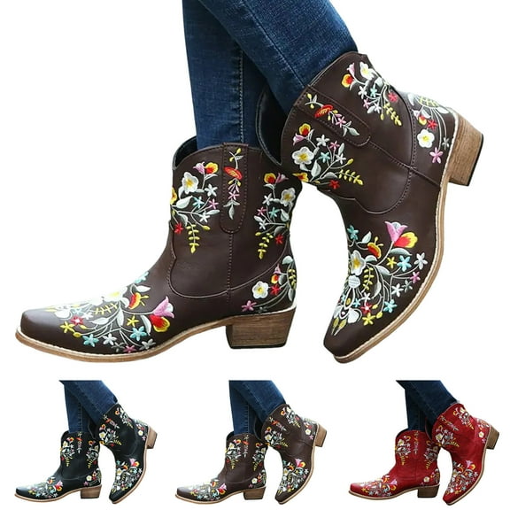 Dakaela Cowboy Boots for Women Western Cowgirl Ankle Booties Embroidered Square Toe Wide Calf Walking Riding Boot Black 6.5