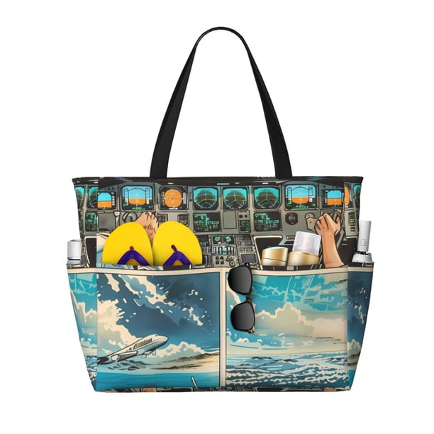 Fotbe Comic Airplane Cockpit Illustration Bolsa de Viaje para Playa - Resistente al Agua, Bolsa Tote de Gran Capacidad y Ligera con 7 Bolsillos para Mujeres y Hombres