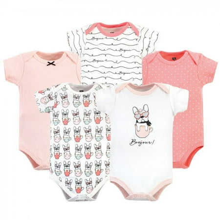 UPC: 0660168577990 | Hudson Baby Infant Girl Cotton Bodysuits 5pk Bonjour Pink 6-9 Months