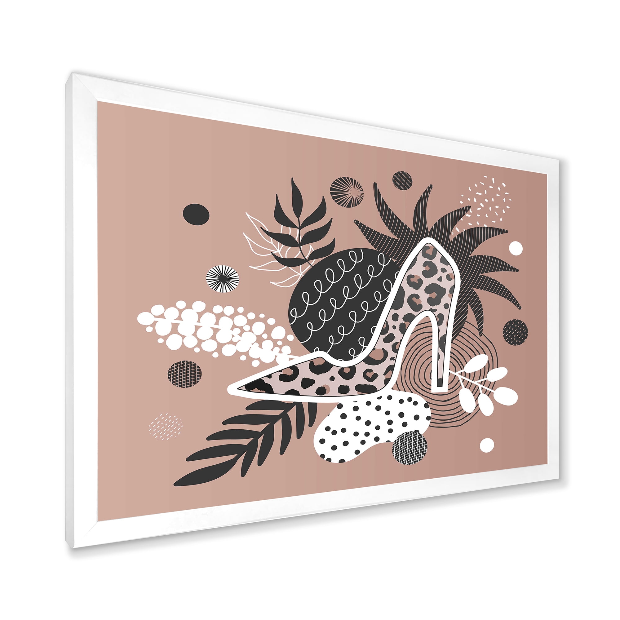 Designart 'Leopard High-Heeled Shoes On Tropical Leaves' Modern Framed Art Print