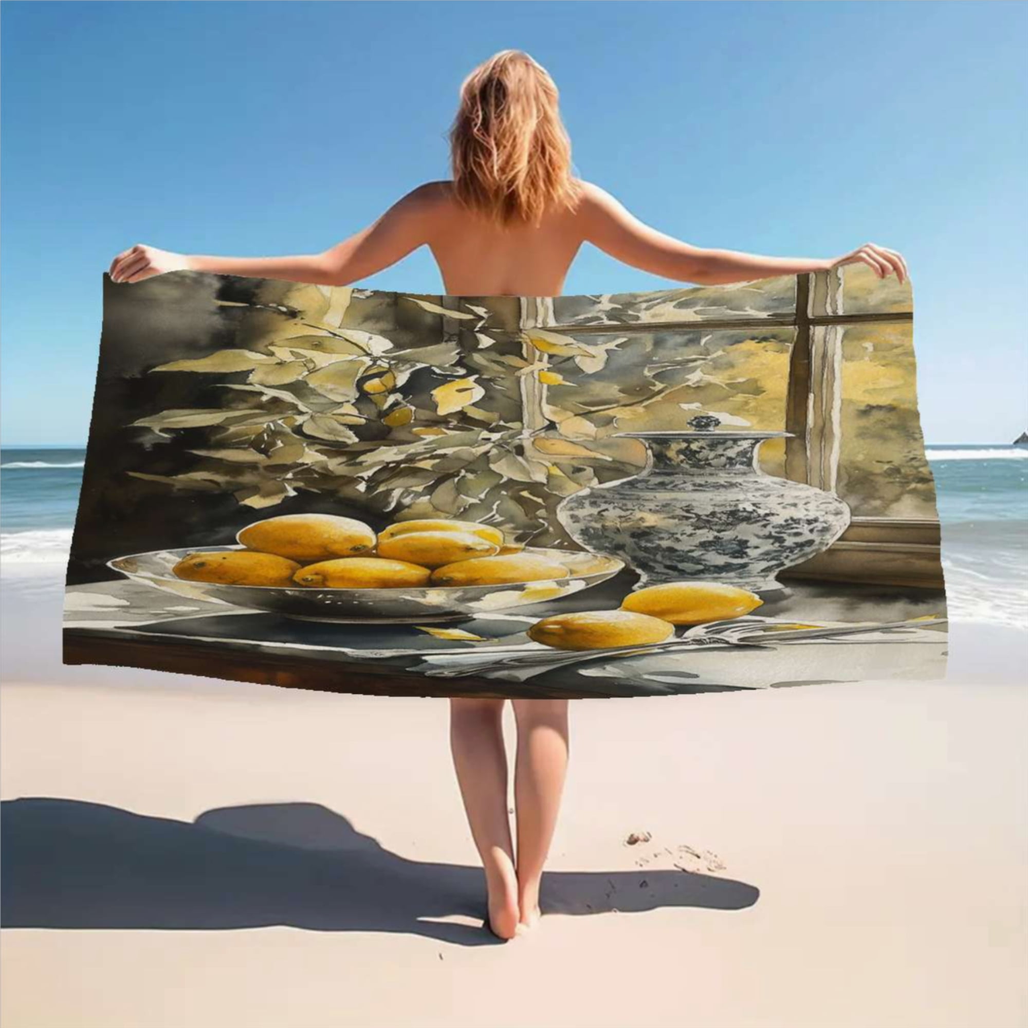 Blue And White Porcelain Vase With Lemons Beach Towel Soft