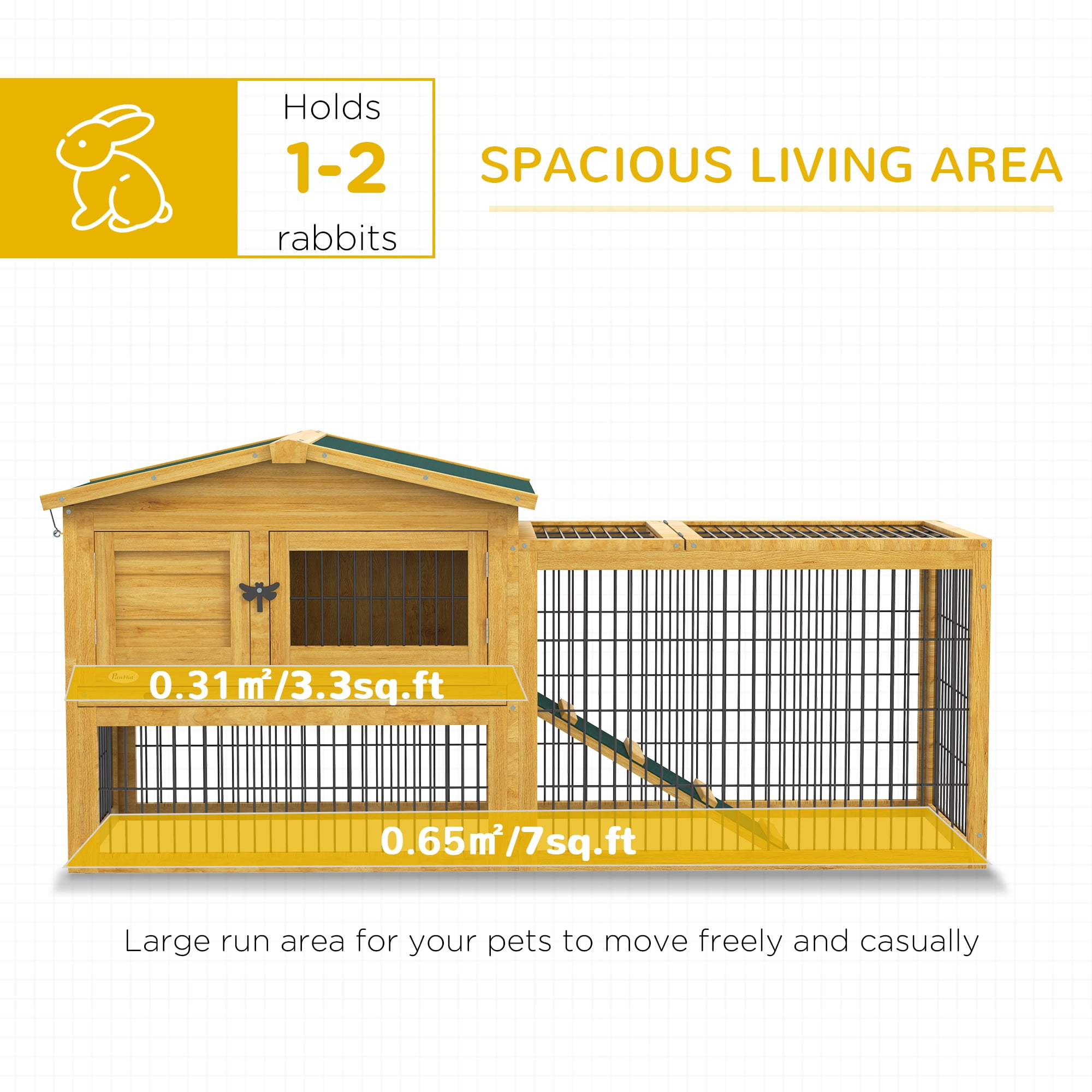 2 Levels Outdoor Rabbit Hutch with Openable Top, 59" Wooden Large Rabbit Cage with Run Weatherproof Roof, Removable Tray, Ramp, Yellow