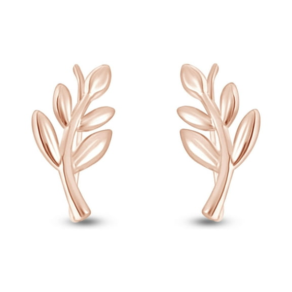 AFFY Tiny Olive Leaf Ear Crawler Climber Earrings Womens in 14k Rose Gold over Silver