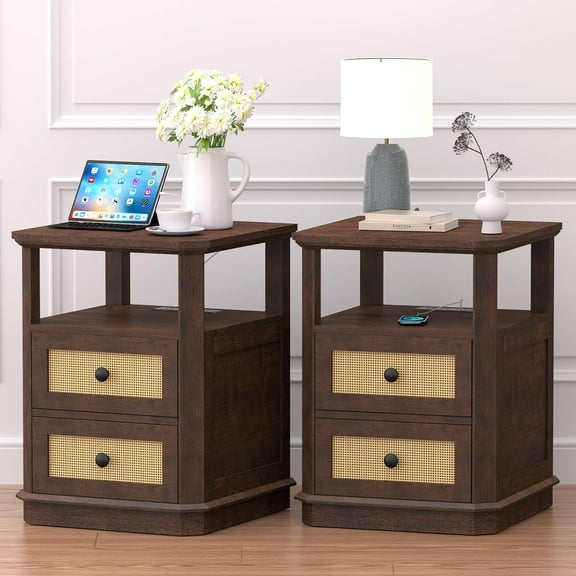 End Table Set of 2 with Charging Station and 2 Rattan Drawers, Fast Charging Station, Side Table with Anti-Collision Angle, Wooden Nightstand for Living Room, Bedroom, Office,Cherry
