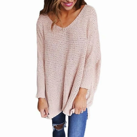 Knitted Outerwear - Akoyovwerve Womens Casual Long Sleeve Knitted Sweater V Neck Pullover Loose Top Jumper Sweater Outerwear - Pink