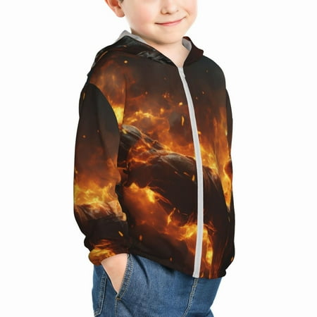 

Uemuo Cool Fire Man Pattern Rash Guard for Boys Girls Long Sleeve Swim Shirts UPF 50+ UV Sun Protection Hooded Fishing Shirt with Pocket for Kid-3 Years