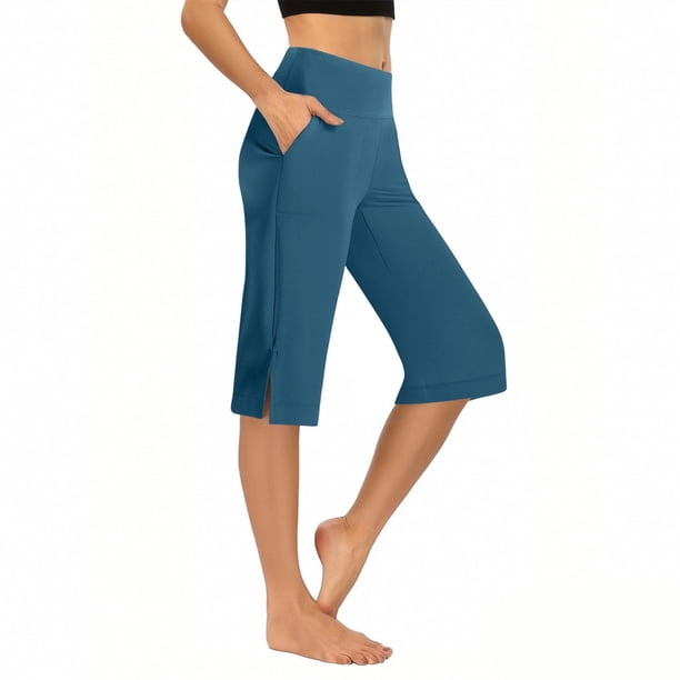 TaTaai Women's Side Slit Yoga Capri Pants High Waist 7/8 Length Stretchy Work Pants Non See Through Casual Lounge Bottoms Tummy Control Gym Gift
