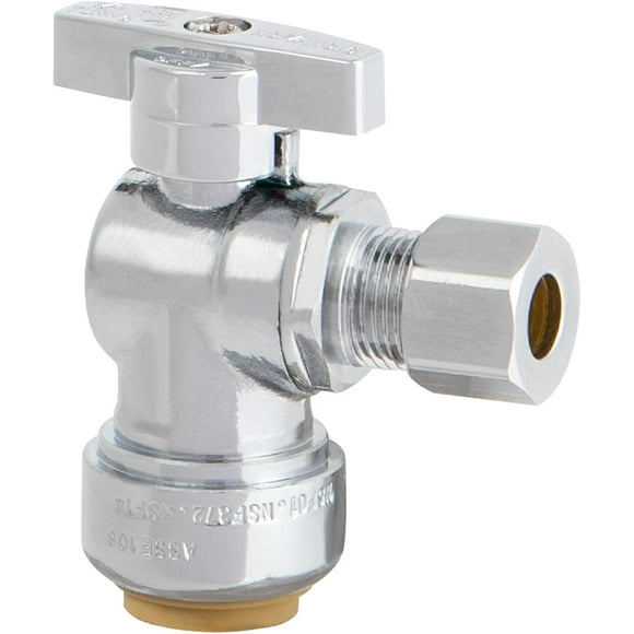 Qucyy 1/2" x 3/8" ODression Angle Stop Valve, Sink Shut Off Valve for PEX, Copper, CPVC Pipe and Water Line, Quarter-Turn Push to Connect Brass Plumbing Fitting (1 Pack) 1 Pack-Angle Stop Valve