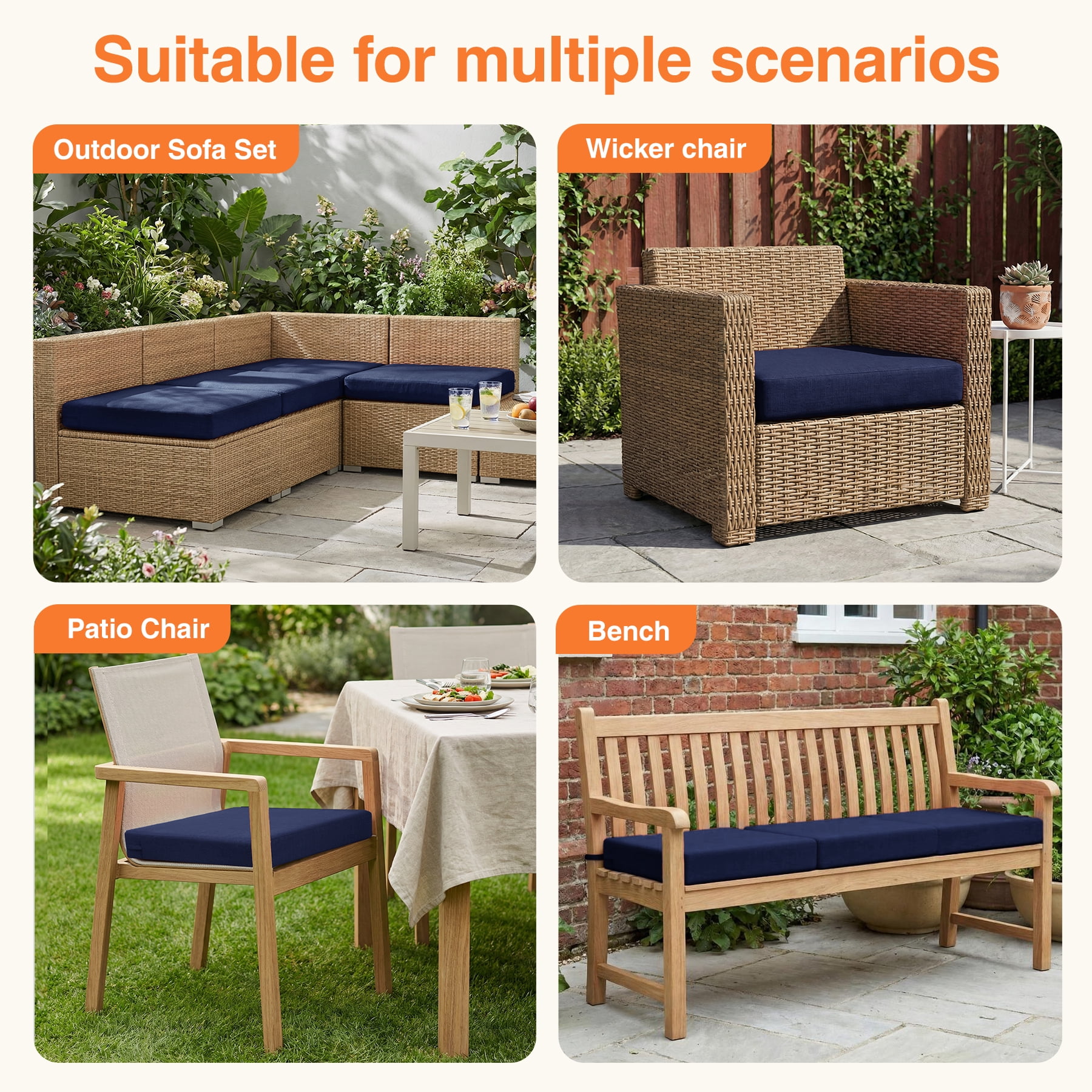 Favoyard Outdoor Cushion Set of 2, Rainproof & 3-Year Fade Resistant Patio Furniture Cushions with Removable Cover and Adjustable Ties for Garden