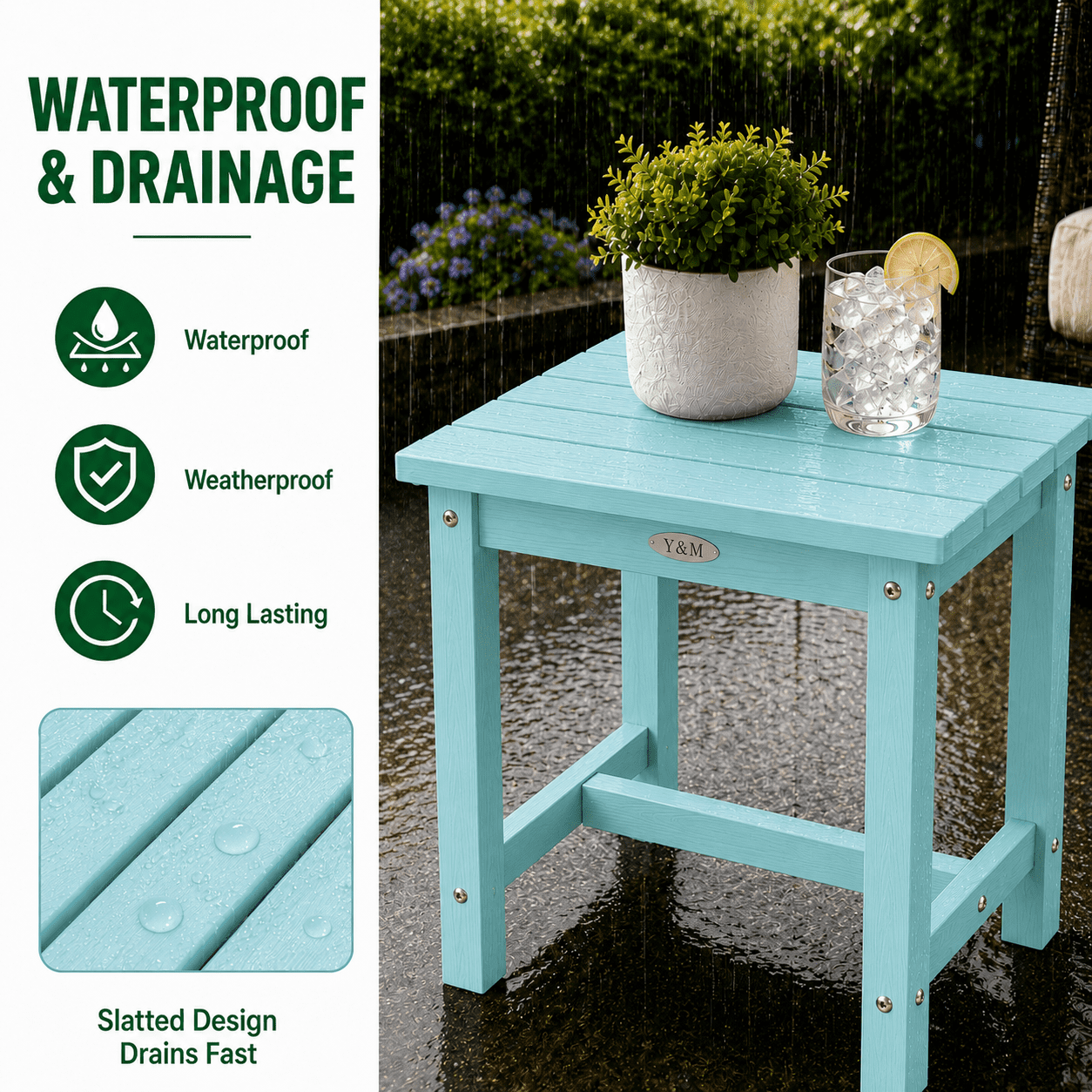Y&M Outdoor Side Table, HIPS Adirondack Small Single Table, Waterproof Square Outside Table, Balcony Modern End Tables for Patio, Pool, Beach, Porch, Deck, Indoor or Outdoor Use, Light Blue