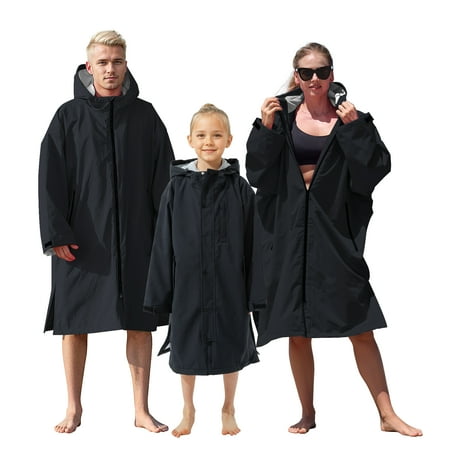Lobmouse Swim Parka for Adult and Kids,Unisex Fleece Lined Hooded Swim Jacket,Waterproof Windproof Versatile Warm Coat Oversized Bat Wing Changing Poncho for Surfing Swimming