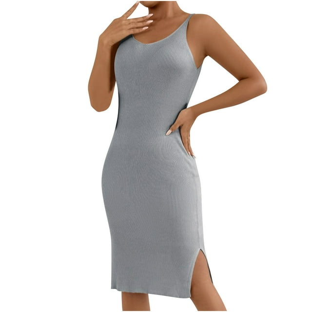 Staron Robes d'Été pour Femmes en Liquidation à Moins de 10 $ Robe Moulante Col en V Printemps Été Robe Chandail Sans Manches Tricotée Côtelée de Vacances Mini Robe Grise m