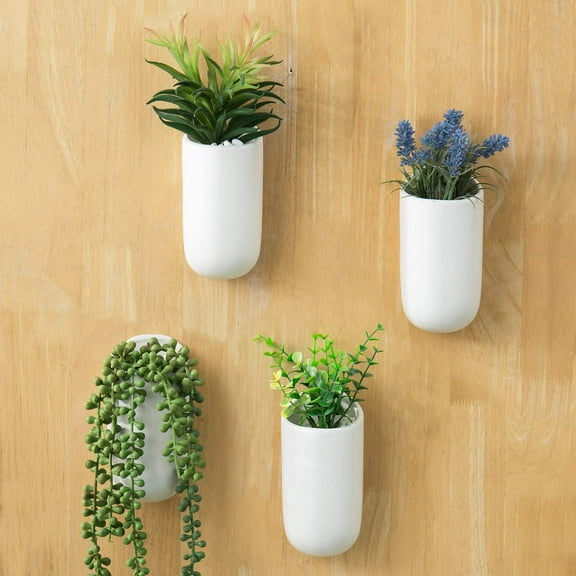 MyGift Cylindrical Matte White Ceramic Wall Mounted Flower Planter Vases, Modern Set of 4