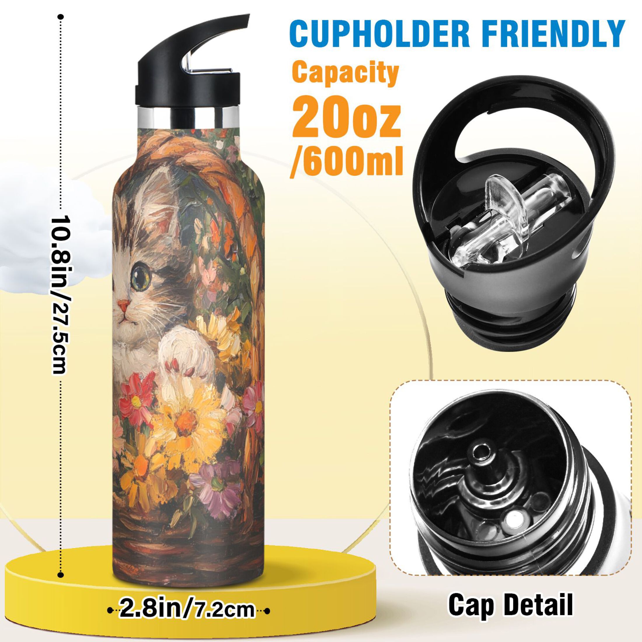 600ML Stainless Steel Insulated Cup Sports Water Bottle Portable Thermos Cup Water Glasses Insulated Tumblers Convenient and Durable Little Cat