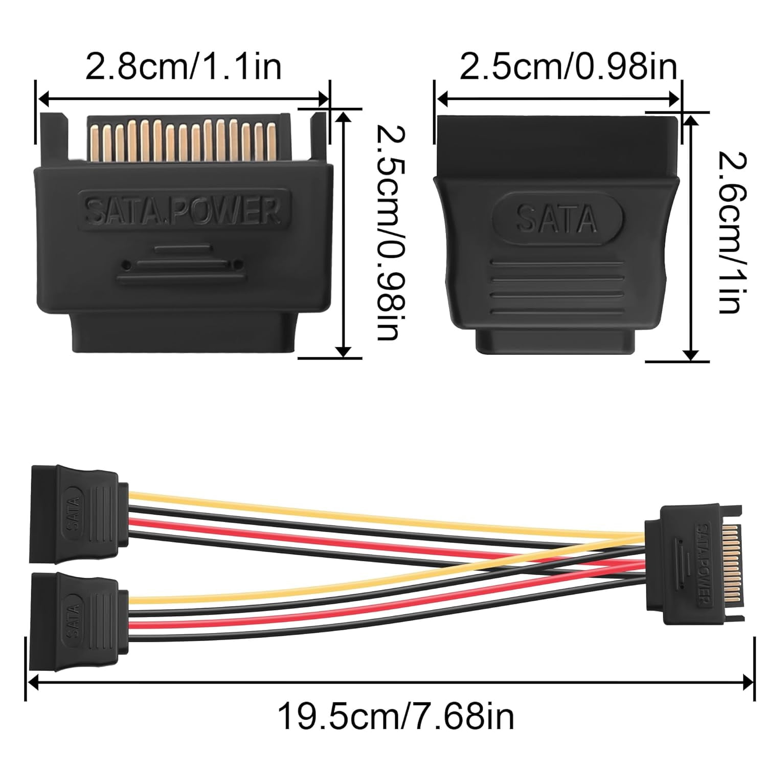 HRTGFD-SATA 15PIN to 2 Serial ATA Power Splitter Cable, 18AWG 20cm Y-Splitter Adapter for HDD SSD Optical Drive - 1 to 2 SATA Power Connector Extension Cord(Pack of 2)
