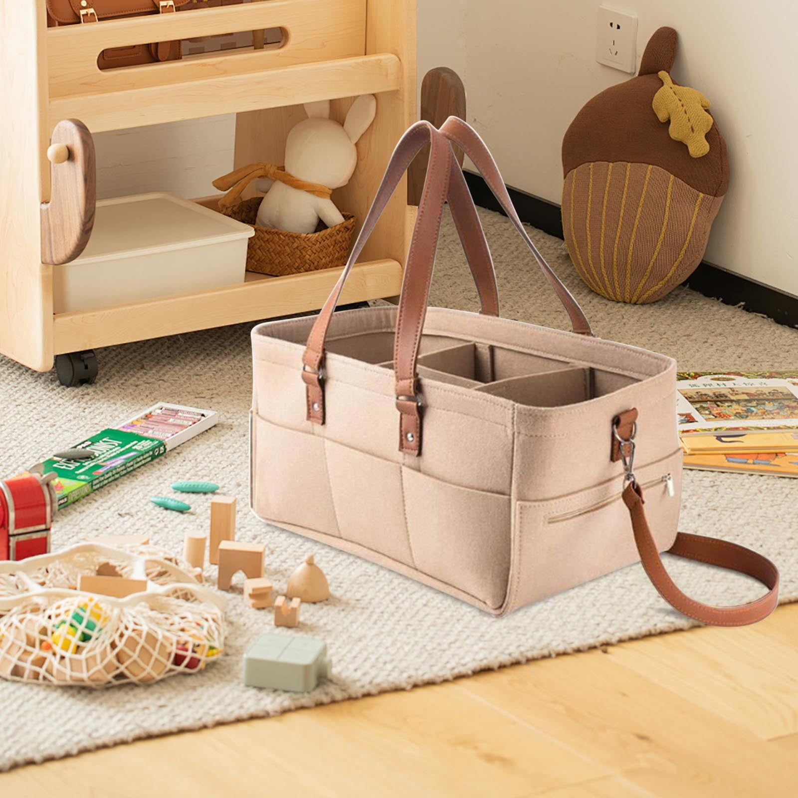 Baby Diaper Caddy Organizer, Soft Felt Bag with 6 Side Pockets, Portable Tote Nappy Bag for Car or Nursery, Must-Have for travel, Car or Nursery