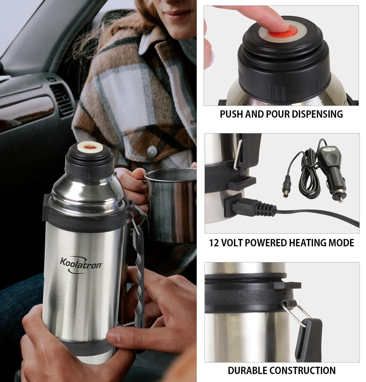 Koolatron 12V Stainless Steel Electric Flask (1L), Portable Heated Drink Flask for Car, Truck & Travel