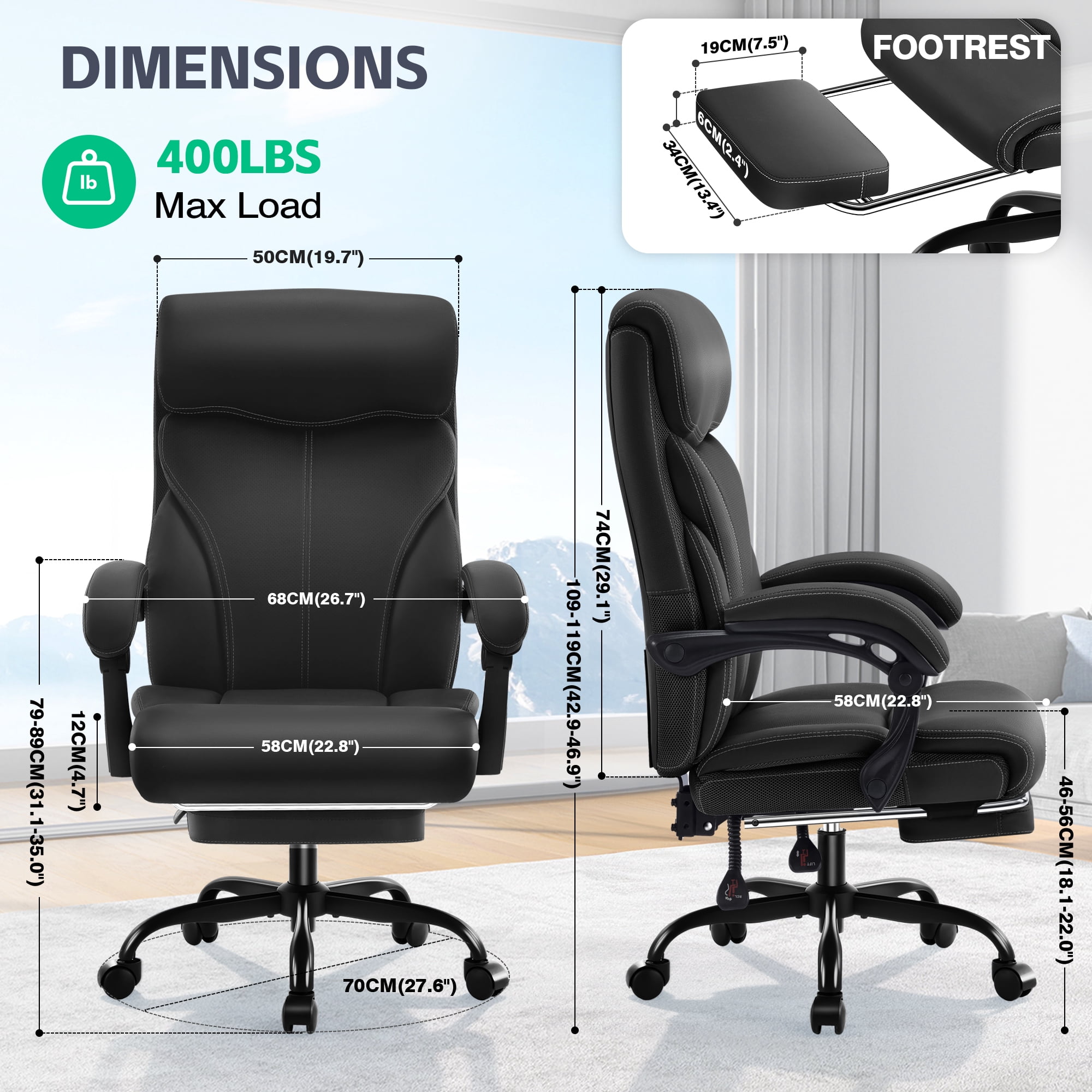 Dhole Ergonomic Office Chair with Footrest, High-Back Desk Chair with Lumbar Support and Flip-Up Arms, PU Leather Swivel Computer Task Chair for Home Office, Adjustable Rolling Chair