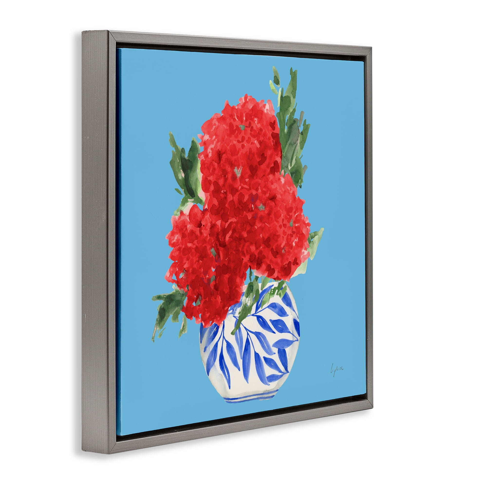 Stupell Industries Red Hydrangeas Blue Vase Gray Framed Floater Canvas Wall Art, design by Lucille Price