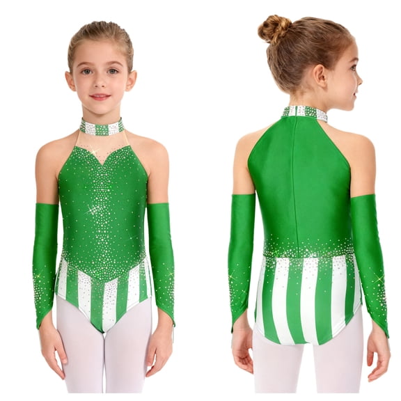 iiniim Girls Circus Show Leotard 2 PC Set Sparkly Rhinestone Ballet Dancewear Green 8