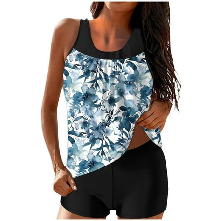 ZQGJB Blouson Tankini Swimsuits for Women Two Pieces Summer Tropical Printed Beach Flowy Swim Tank Top and Boyshorts Tummy Control Bathing Suits(Light Blue#01 L)