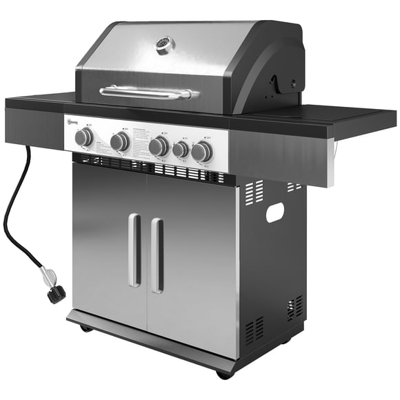 CoSoTower 4+1 Burner Liquid Propane Gas Grill Outdoor Portable BBQ with Side Burner, Warming Rack, Side Shelf, Storage Cabinet, Thermometer, 4 Wheels, Tank Holder, Silver