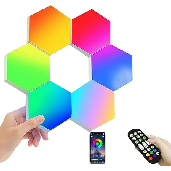 6 Pack Hexagon Wall Lights - Smart RGB Music Sync Gaming Panels with App & Remote Control, Honeycomb Shape DIY Decor for Bedroom Living Room