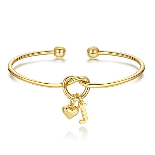 Turandoss 14K Gold Plated Dainty Charm Knot Heart Initial Cuff Bracelet for Women Letter Jewelry Birthday Teacher Appreciation Mothers Day Graduation Gifts for Her Mom Kids Teen Girls Wife Ideas
