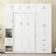 EUROCO Wood Murphy Bed, Storage Wall Bed with Cabinets and Drawers, Clever Furniture Set with Wardrobe for Living Room, Assemble Video Provided, Twin