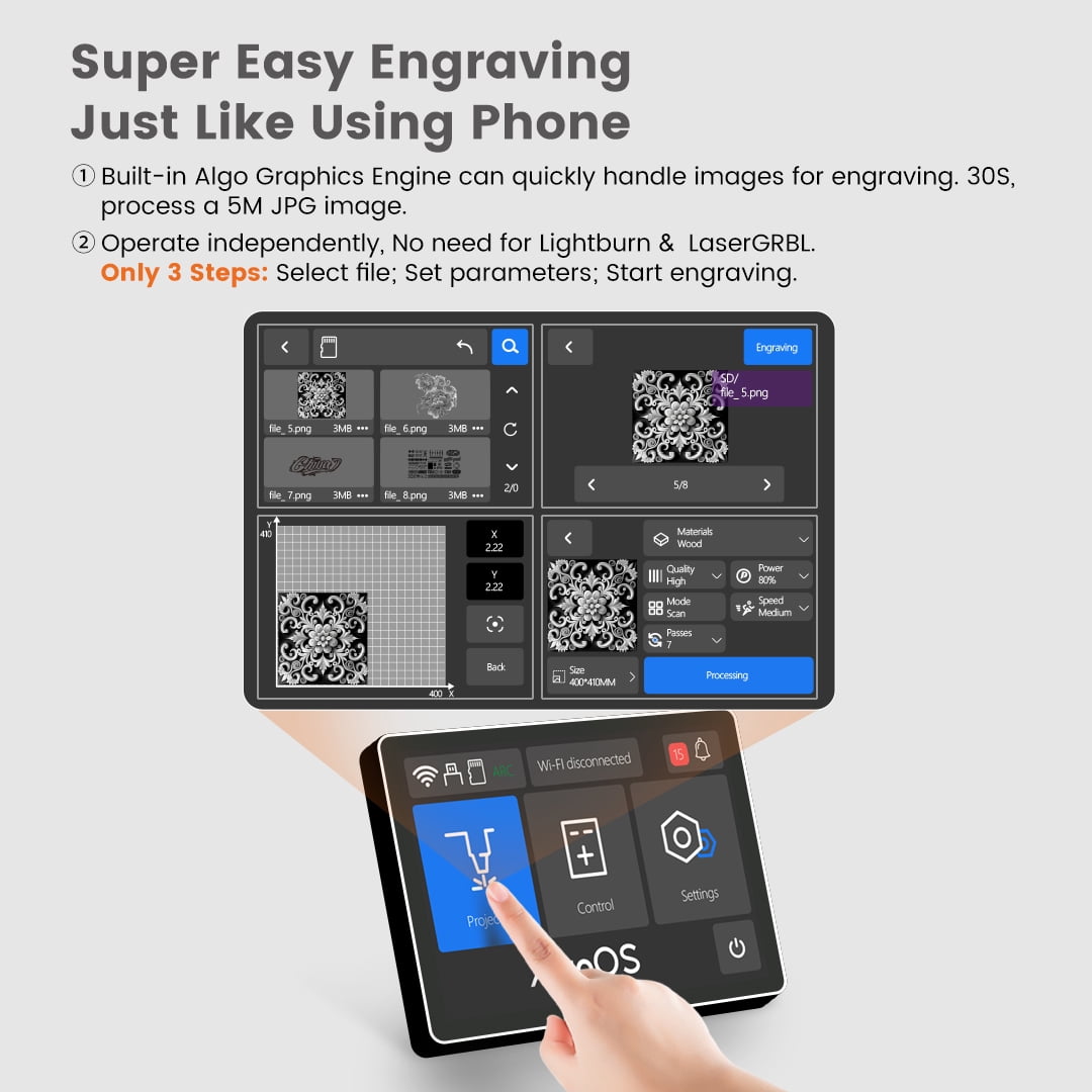 Algo MK2 20W Higher Accuracy Engraver and Cutter with Air Assist&Rotary, Engrave Hundreds of Colors On Metal Steel with 3.5" Touch Screen, Engraving Machine for DIY Personalized Gift