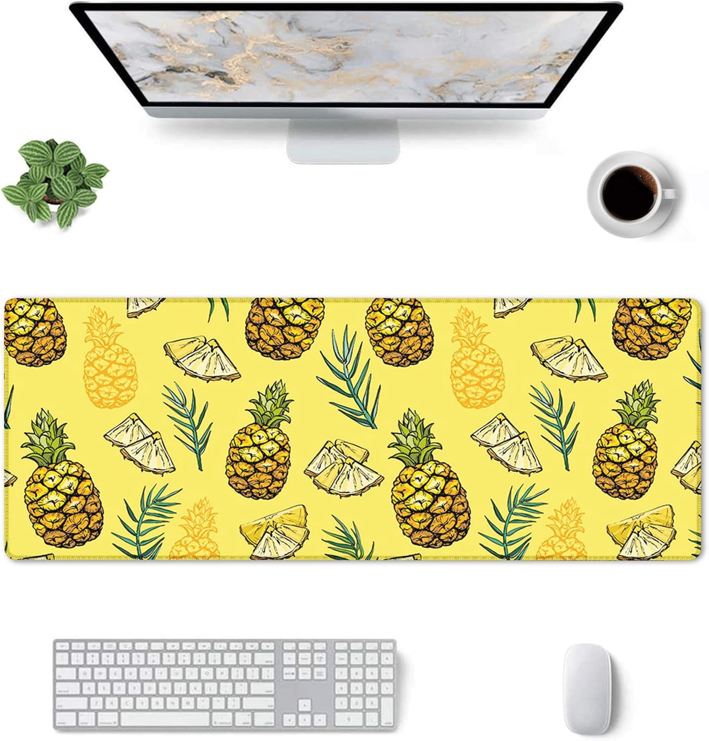 Pineapple Extended Mouse Pad 31.5x12 Inch Tropical Fruit Pattern Cartoon Leaf Design Backdrop Modern Yellow Green Polyester Rubber Waterproof Decor Library Office Mousepad