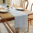 thumbnail image 4 of Caminos de mesa bohemios, borlas de lino y algodón bordadas, decoración de mesa para ocasiones multiusos, camino de mesa de estilo rústico de granja fácil de cuidar, azul polvoriento, 33 x 183 cm, 4 of 5