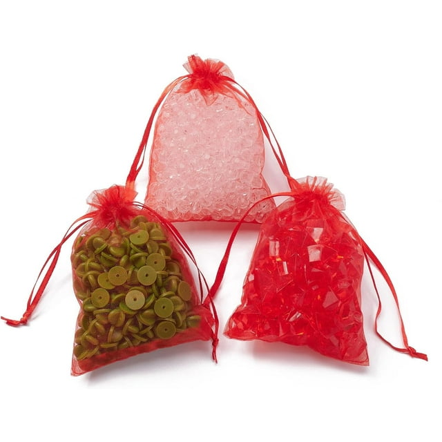 100 bolsas de organza para regalo con cordón, ideales para joyería, bodas, fiestas y Navidad. Color rojo. Medidas: 12 x 9 cm.