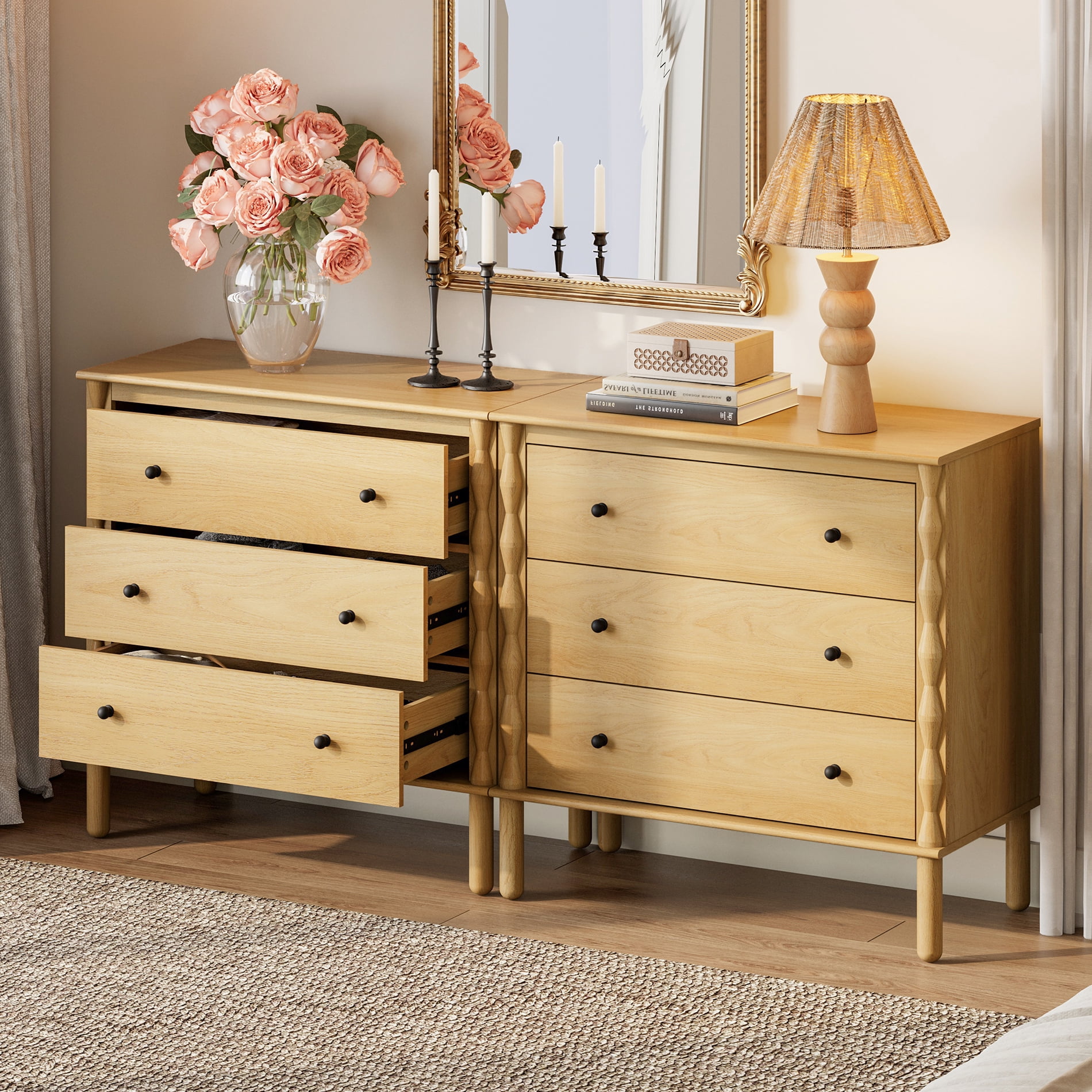 PRE-ASSEMBLED Drawer Glides & Anti-Tip Kit 6 Drawer Dresser for Bedroom，Oak
