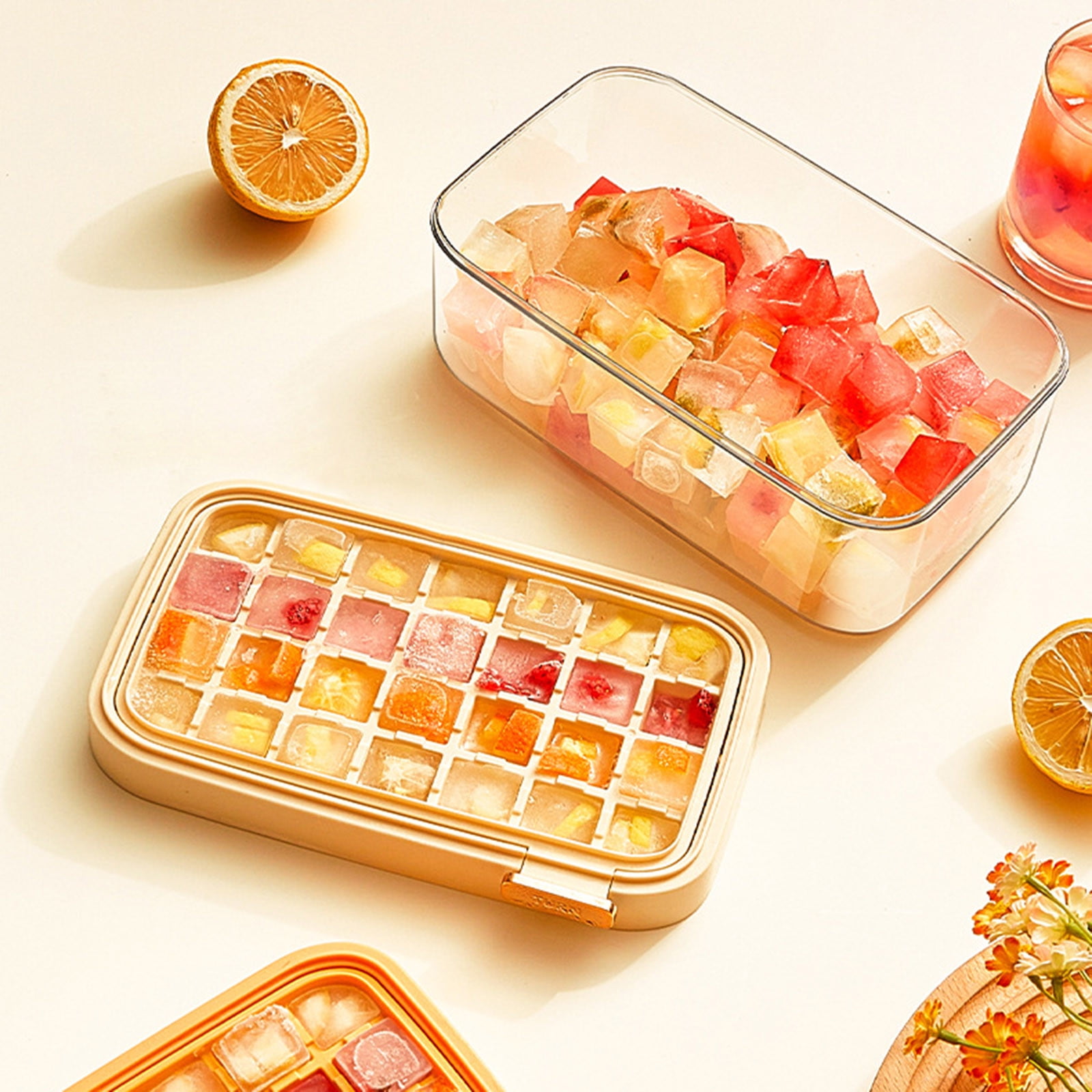 Ice Cube Trays With LId And Box Easy Release Ice Trays For Freezer 1 Pack Ice Cube 28 Pcs Ice Cube Tray Large Capacity Ice Tray Holder Includes Ice Spoon For Whiskey Cocktail High-quality
