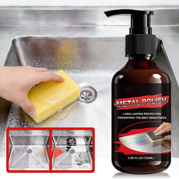 Metal Polish Liquid 100ml,All-Metal Cleaner Rust Tarnish Remover Restores Shine Stainless Steel Chrome Aluminum Iron Kitchenware Tools Fast Non-Abrasive Safe,Sink Cookware Faucets Grills Shower-A