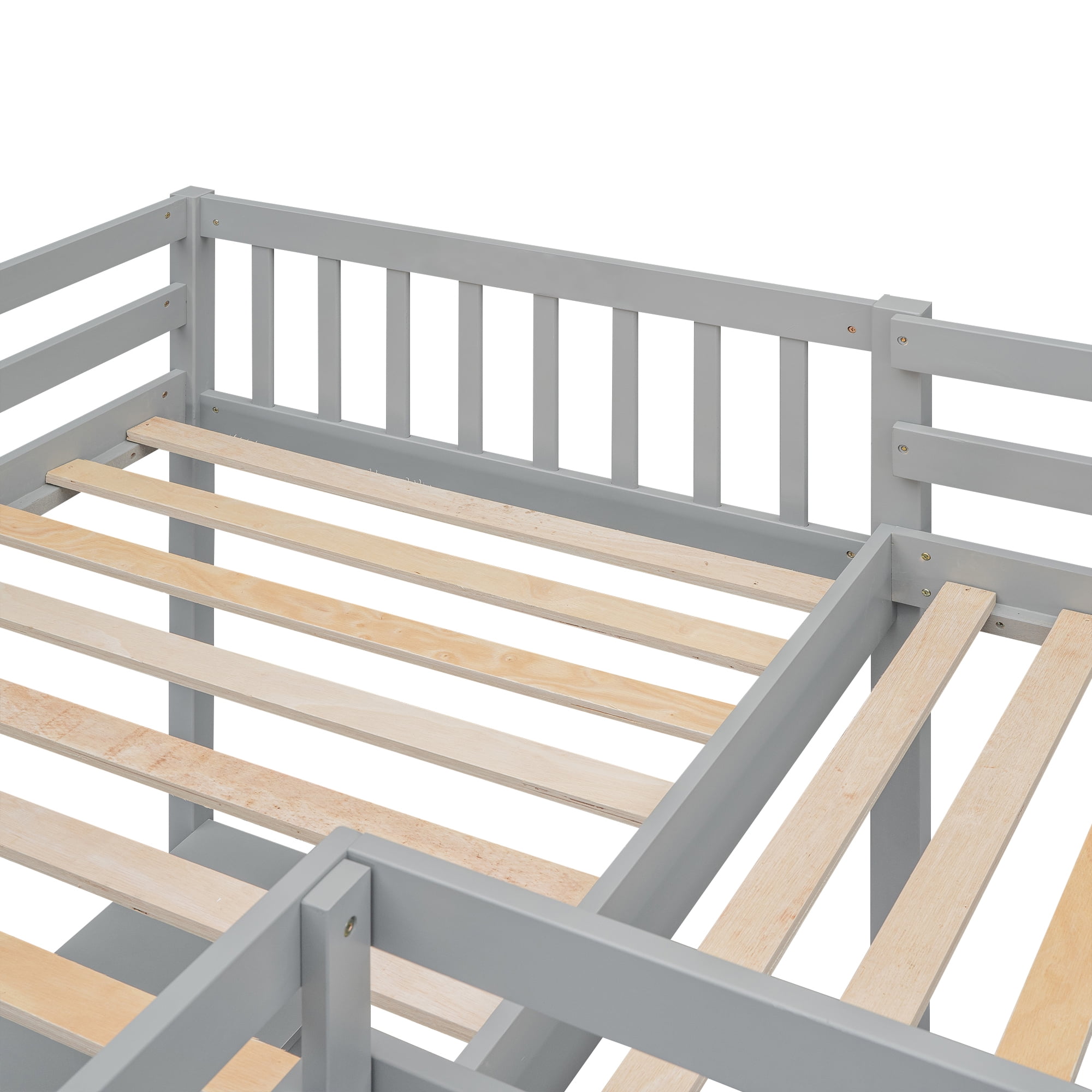 MAYEERTY Wood Twin Size L-Shaped Loft Bed with Ladder and 2 Built-in L-Shaped Desks, Gray