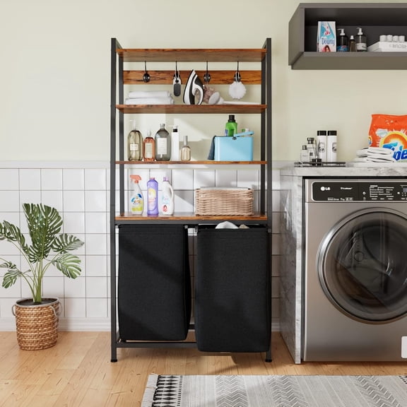 4 Tiers Laundry Hamper with Shelf and Hooks, Tall Laundry Basket Sorter with 2 Removable Bags, Double Clothes Hampers Organizers for Bathroom Bedroom