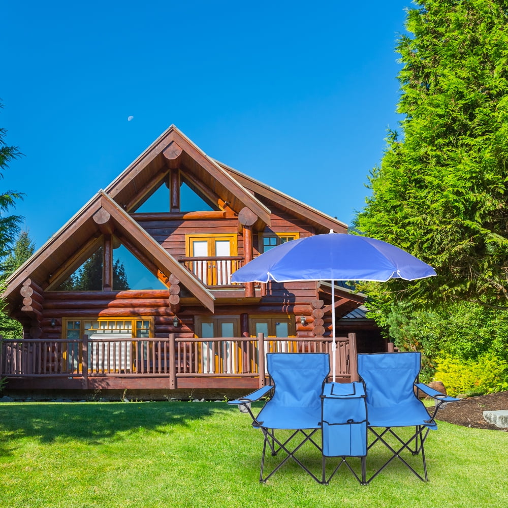 2-Seat Outdoor Folding Chair with Removable Sun Umbrella, Blue