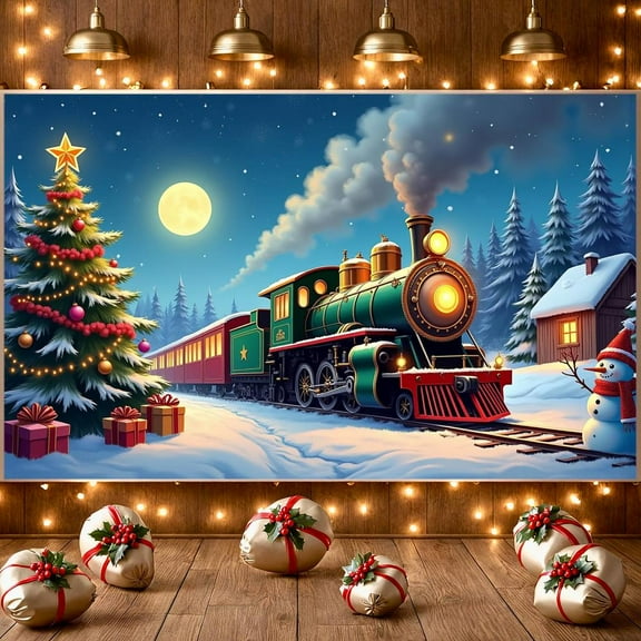 Christmas Theme Christmas Banner Steam Train Design Holiday Banner Snowy Scene Christmas Tree Decor Christmas Train Banner for Christmas Party Holiday Decoration Family Gathering