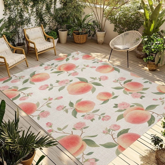 Peach Outdoor Rug for Patio/Deck/Porch, Non-Slip Large Area Rug 4 x 6 Ft, Spring Floral Green Leaf Botanical Pink Fruit Rustic Indoor Outdoor Rugs Washable Area Rugs, Camping Rug Carpet Runner