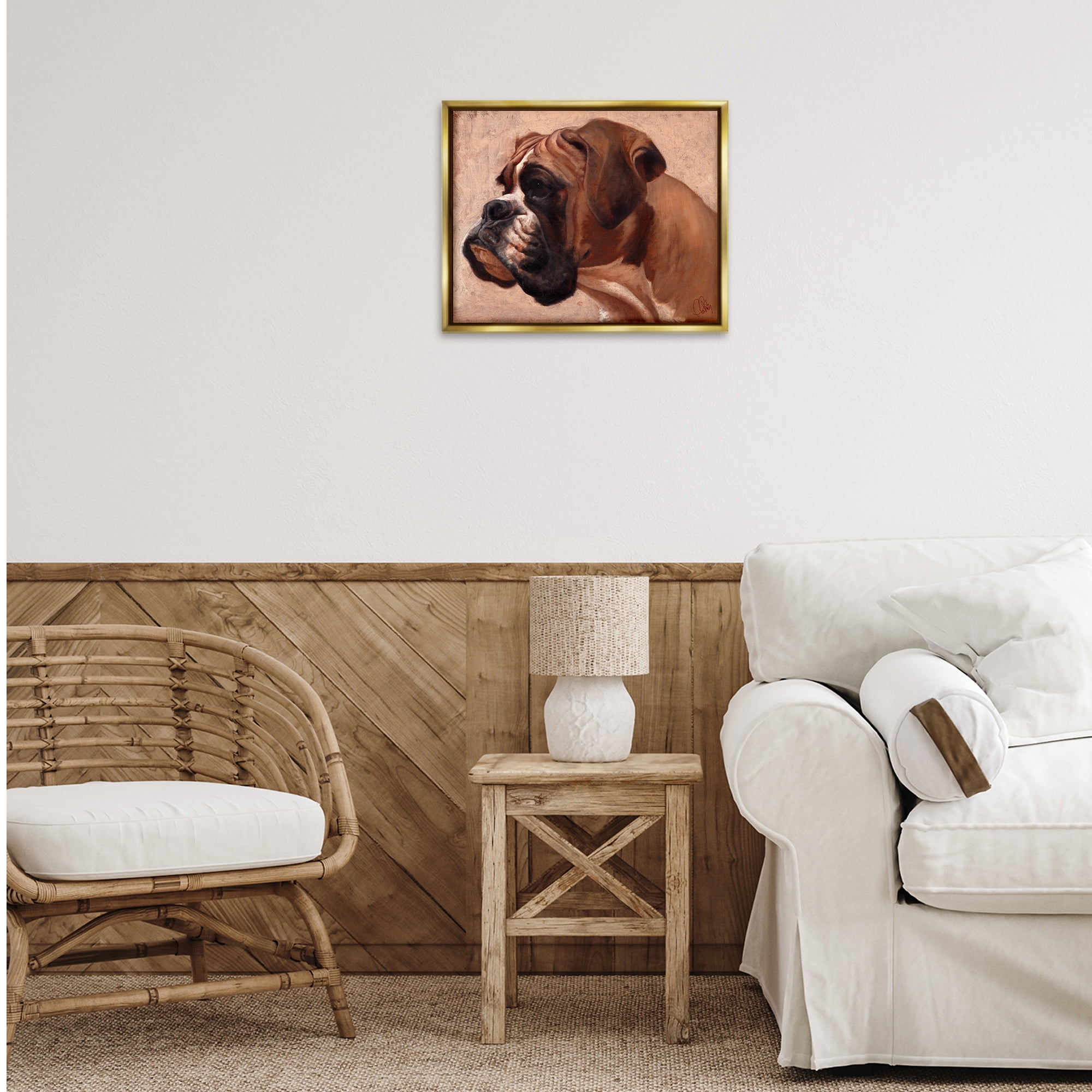 Stupell Industries Boxer Dog Neutral Portrait Animals & Insects Painting Gold Floater Framed Canvas Art Print Wall Art, 21 x 17