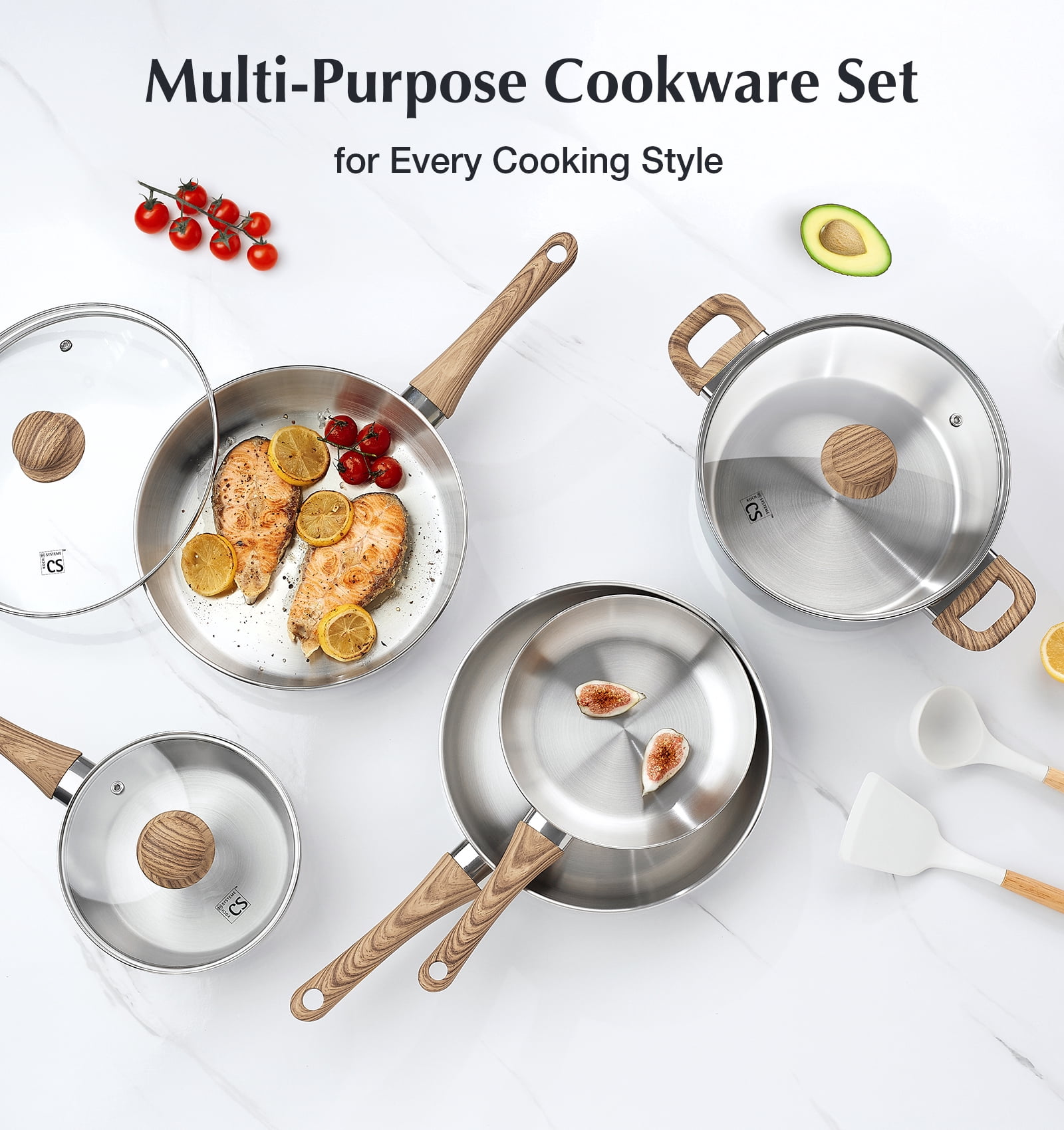 Koch Systeme CS 12 Piece Tri-Ply Stainless Steel Cookware Set, Pots and Pans Set with Cool-Touch Bakelite Handles, Induction Compatible
